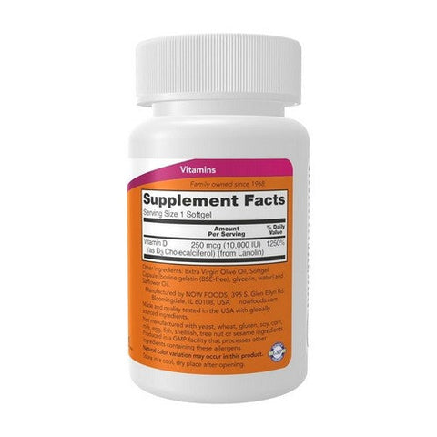 Now Foods, Vitamin D-3 High Potency, 10,000 IU, 120 Softgels Now Foods