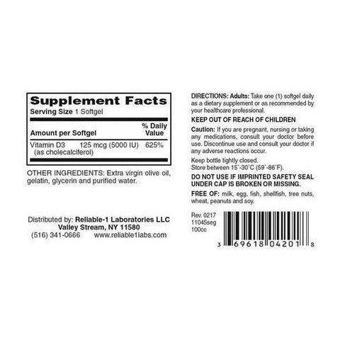 Reliable1, Vitamin D3, 125 Mcg, 100 Softgels