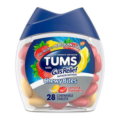 Tums, Plus Gas Relief Antacid Antigas Chewable Tablets Lemon And Strawberry, 28 Tablets Tums