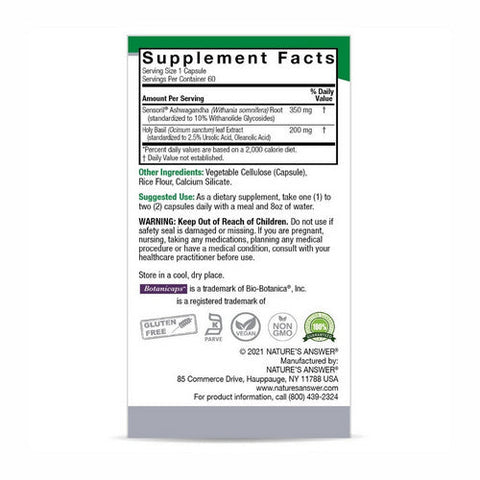 Nature's Answer, Ashwagandha And Holy Basil, 550 Mg, 60 Veg Caps Nature's Answer