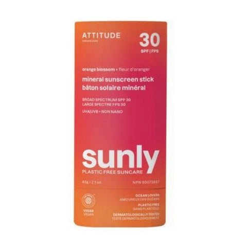 Attitude, Mineral Sunscreen Stick SPF 30 Sunly Plastic Free Orange Blossom, 2.1 Oz Attitude