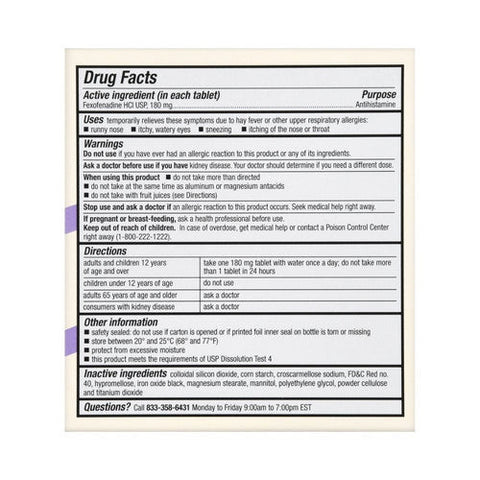 Foster And Thrive, 24 Hour Allergy Relief Fexofenadine Hci Usp, 180 Mg, 70 Tabs