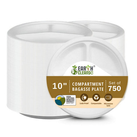 10" Round 3 Compartment Round Bagasse Plate Premium 750 Pack by Earth Cleanse
