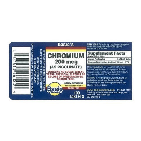 Basic Vitamins, Chromium Picolinate, 200 Mcg, 100 Tabs Basic Vitamins