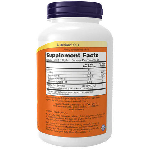 Now Foods, Organic Flax Oil, 1000 mg, 250 Sgels Now Foods